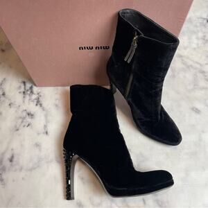 Miu Miu Black Velvet Crystal Embellished Ankle Boots Stiletto Heel Zip Booties